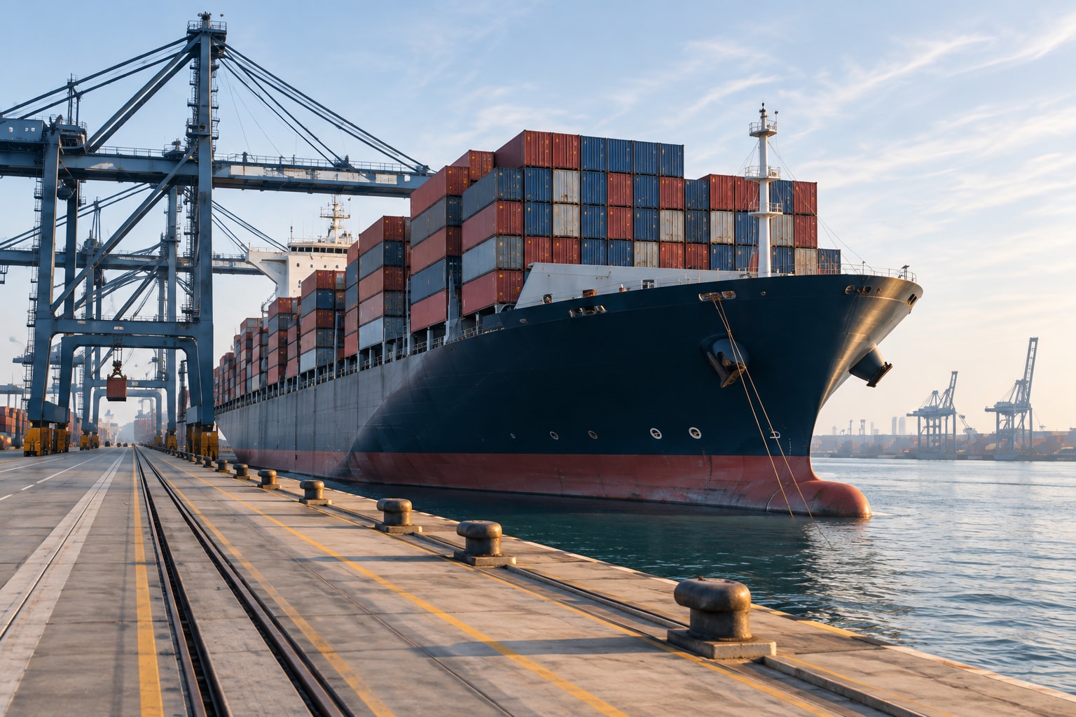 Container vessel at a commercial port — conceptual image